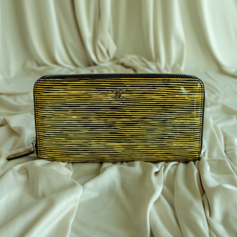 Chanel Patent Leather Striped Long Wallet - Black & Yellow